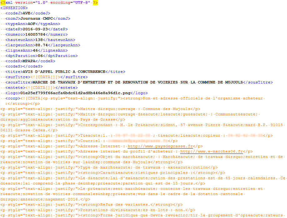 Flux XML source d'une annonce légale