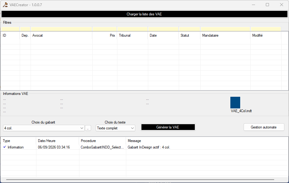 Interface : sélection des ventes et du gabarit/détails