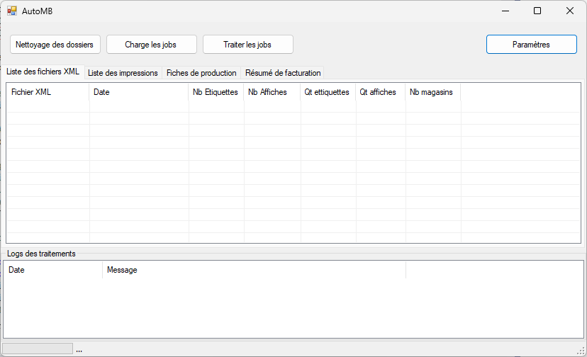 Interface : jobs XML, impressions et résumé de facturation