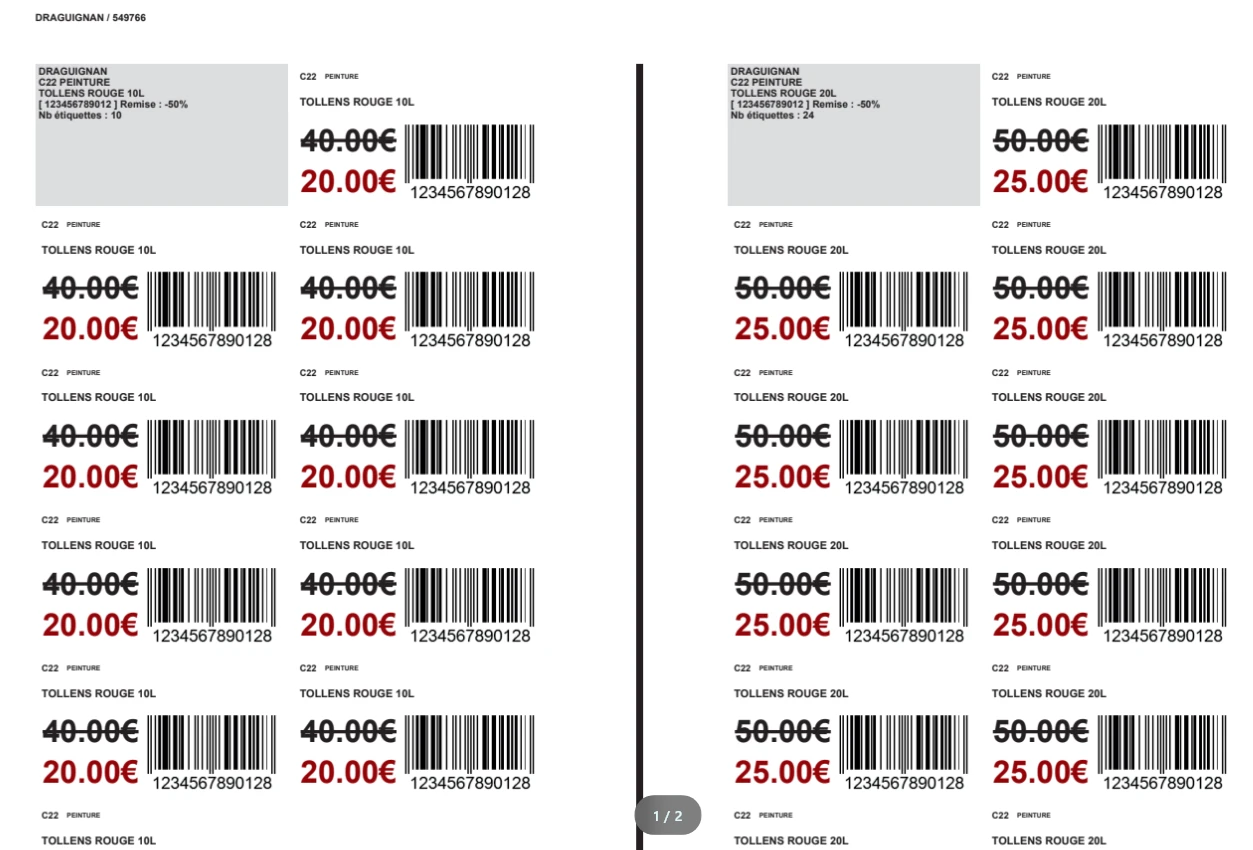 Planche d'étiquettes générée, avec codes-barres