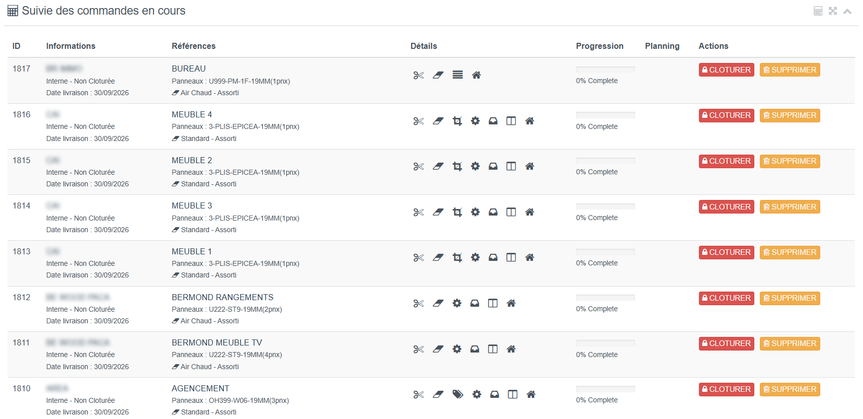 Suivi des commandes en cours et progression par poste