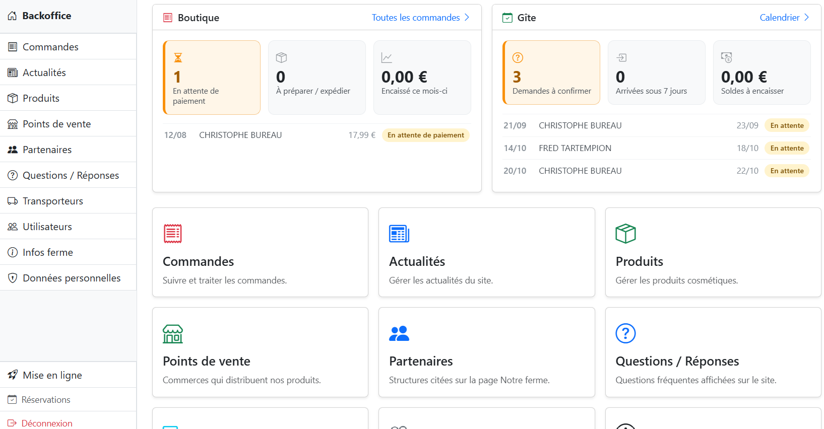 Backoffice : tableau de bord boutique et gîtes