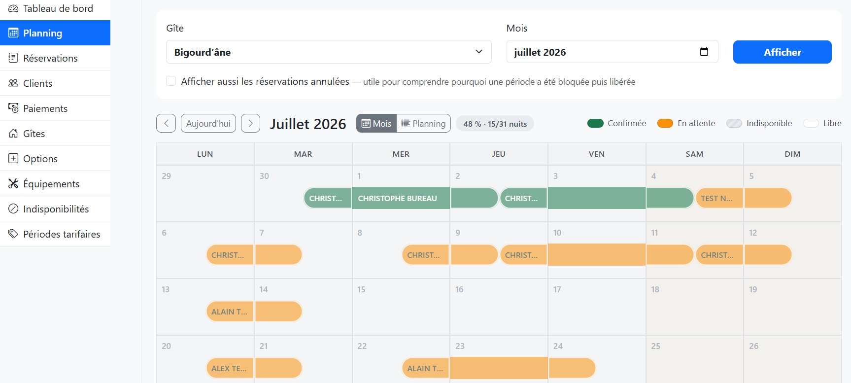 Planning mensuel des gîtes et statuts de réservation