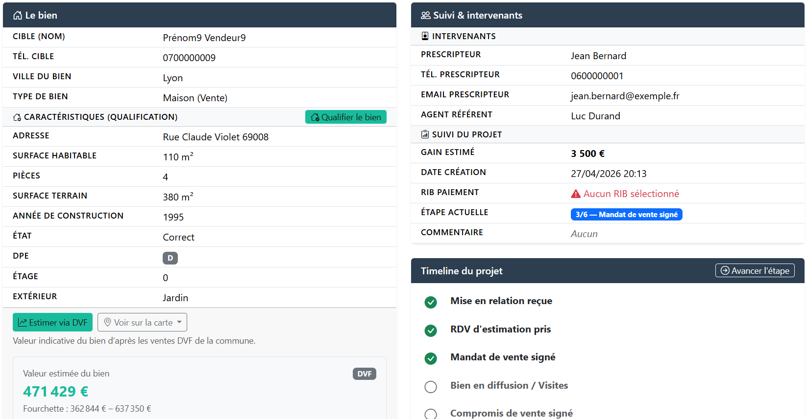 Fiche projet : bien, intervenants et progression par étapes